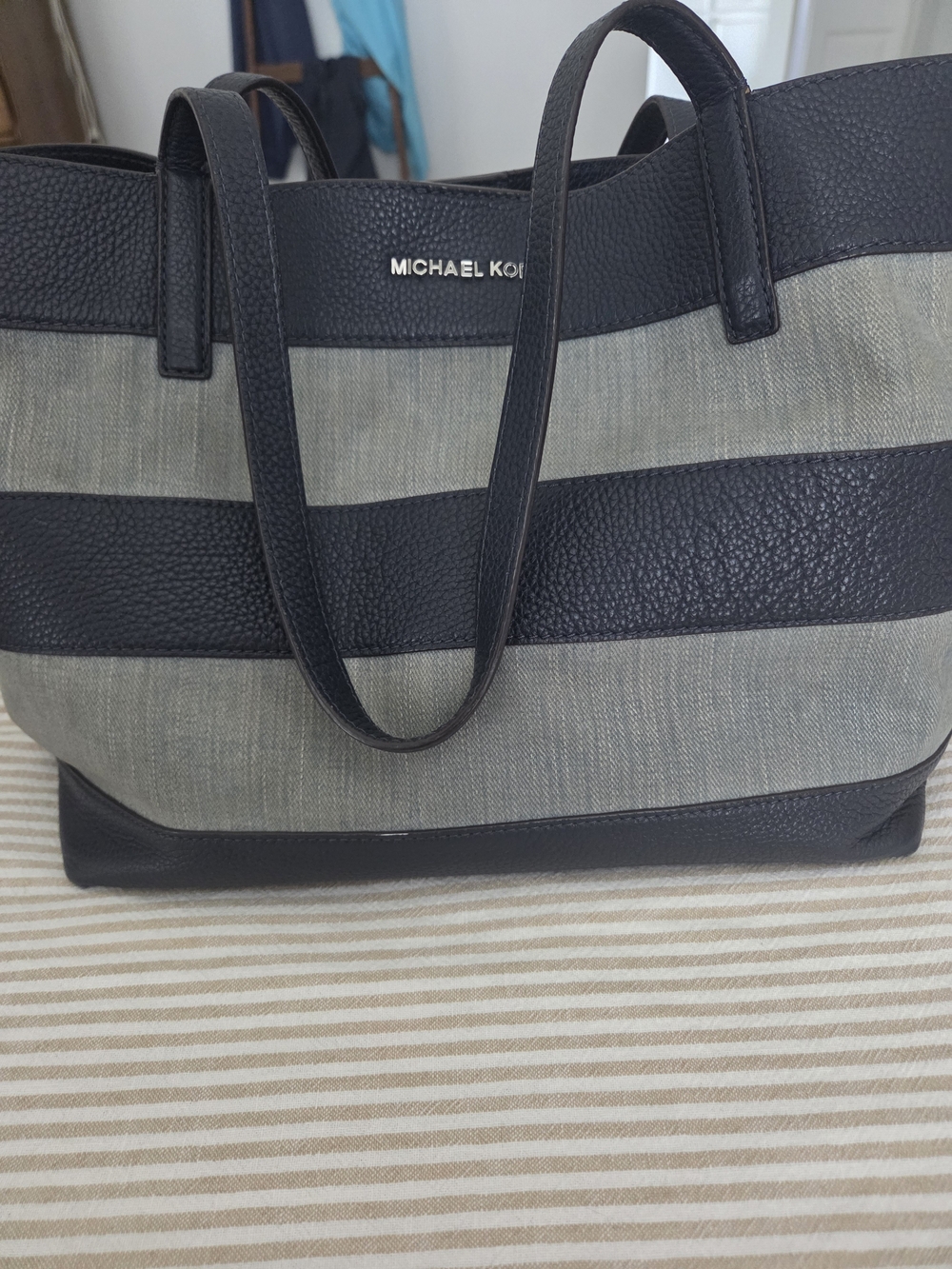 Michael Kors Navy and Gray Striped Tote Bag